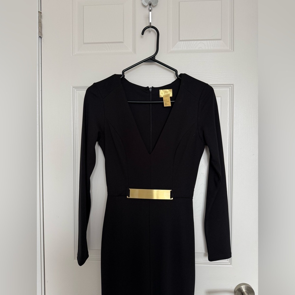 H&M Black Maxi Long Sleeve Slit Belted Gown V- Neck Formal Party Dress size 4 - Picture 2 of 8